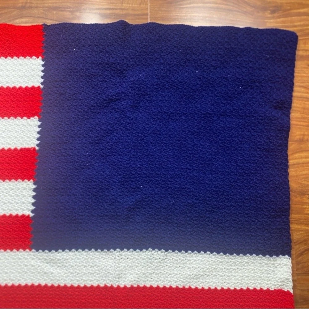 Vintage Handmade Red White Blue Yarn American Flag Crochet Afghan 69